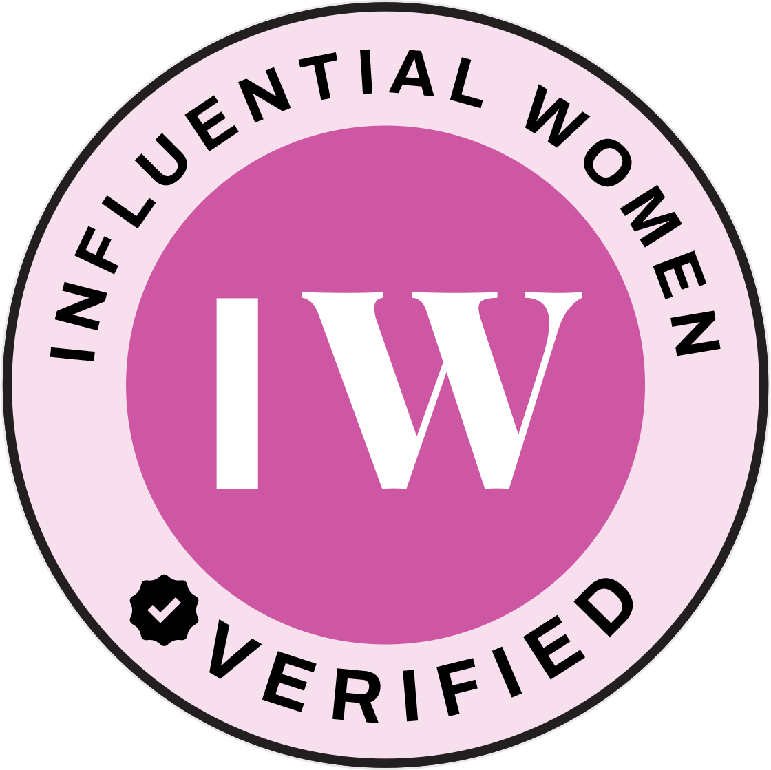 A circular logo featuring the words 'INFLUENTIAL WOMEN' and the letters 'IW' in white on a pink background, marked with a check symbol and the word 'VERIFIED' at the bottom.