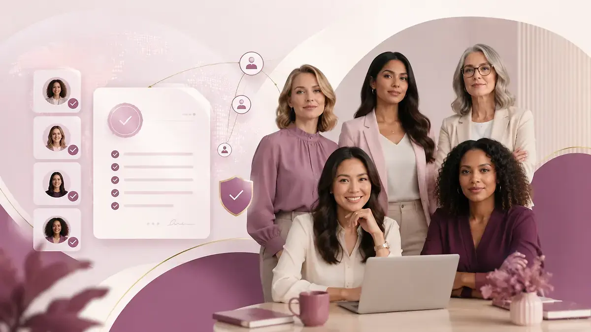 Professional women with verification and information resource elements representing the Influential Women Information Center