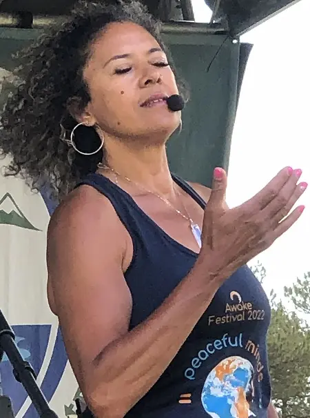 Davida leading qigong at Evergreen Mountain Music Fest 2024