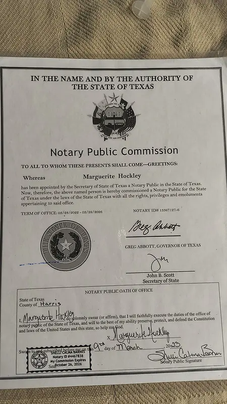 I proudly received my Notary Public Commission for the State of Texas in the year of 2023—a milestone that marked my commitment to serving my community with integrity, accuracy, and professionalism. Becoming a commissioned notary public opened the door for me to provide reliable, trusted assistance to individuals and families who depend on proper documentation and honest service.