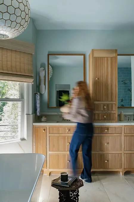 Arranging the final details before capturing this full primary bathroom renovation.