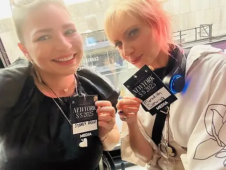 Press credentials in hand at New York Fashion Week with photographer Sydney Rasch.