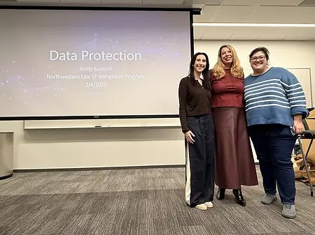 At Northwestern University Pritzker School of Law's West Coast Initiative Information Privacy class with my co-adjunct professor, Alea Garbagnati (right), our guest speaker, Emily Luvison (left) and myself (center) teaching the next generation of lawyers about privacy and security by design and data protection. 