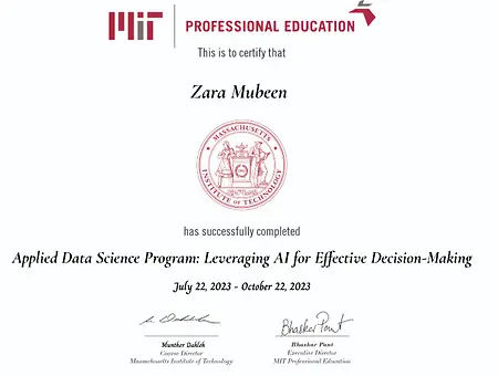 Milestone: Completing the MIT Applied Data Science Program October of 2023: I’m proud to have completed the MIT Applied Data Science Program: Leveraging AI for Effective Decision Making! Guided by MIT faculty and industry mentors, I gained hands-on experience in Python, data analysis, machine learning, deep learning, computer vision, and generative AI. Through real world projects analyzing FoodHub orders, building an Amazon product recommendation system, and creating a music recommendation system. I learned how to turn data into actionable insights and design AI solutions that truly enhance user experiences. This program has been an incredible journey, equipping me with skills to drive AI-powered business decisions and tackle meaningful challenges.