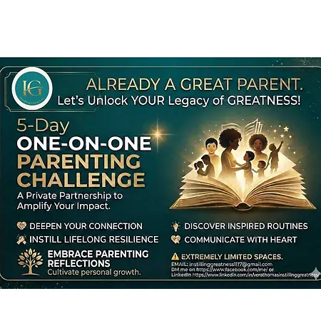 I’m inviting you to a 5-Day One-on-One Parenting Challenge, a private partnership focused entirely on your unique family. Let’s collaborate to build a legacy of resilient, connected children 12 years and under.
In this private challenge, we will partner to:
Identify Your Current Successes: Celebrate the strengths you already have as a parent.
Cultivate Inspired Routines: Develop daily patterns that make connection effortless.
Equip with Resilience: Help your child build tools to thrive and bounce back from challenges.
Practice Heart-Centered Communication: Create an environment where every voice is heard and valued.
The Details:
This is an exclusive one-on-one experience. It’s not a seminar; it’s a focused collaboration designed to provide personalized tools for your goals.
"Your presence and effort are already their greatest gift. Let’s make sure you have every tool to amplify it."