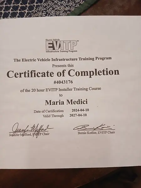 My cert. In EV infrastruction training