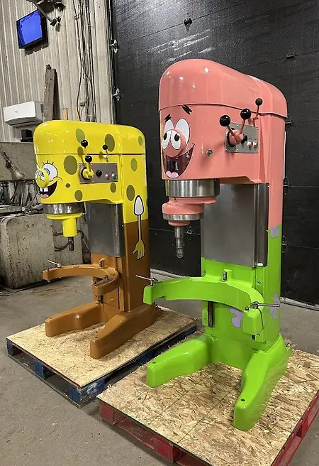 We present to you - the viral SpongeBob (Hobart Model M802) and Patrick (Hobart Model V1401) custom painted planetary mixers! 