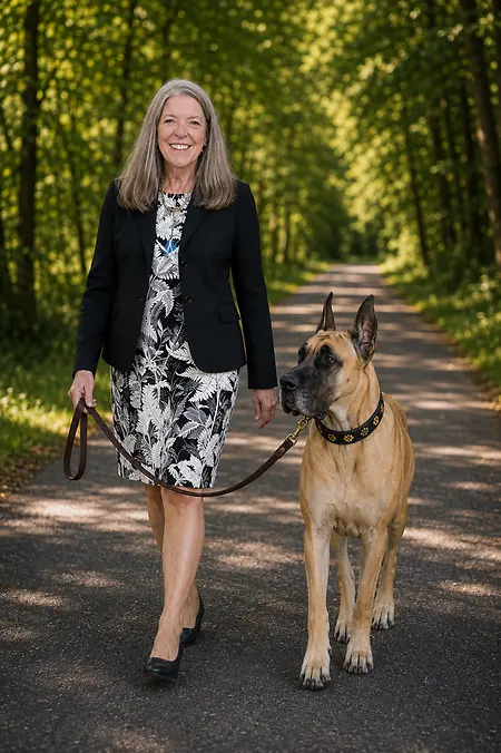 Dr. Ann walking with her leadership coaching partner, Remington.
