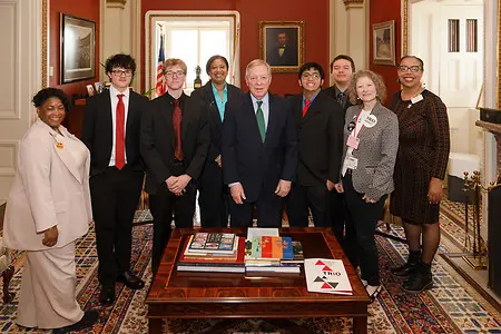 Illinois Eastern Community Colleges represented by Al Crosley, Liam Ryden, Jason Nguyen, Caleb Stevenson, and Cindy Smith with Mattie Payne-Edwards and Rhetta Seymore meeting with Senator Dick Durbin during our Annual 2026 TRIO Policy Seminar in Washington, D.C.