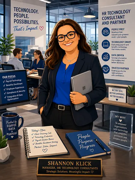 This AI cartoon shares what a day in the life is like of an HR tech consulting manager.  At the end of the day, it's all about streamlining the technology, to allow more time for people and to make life easier for people. 