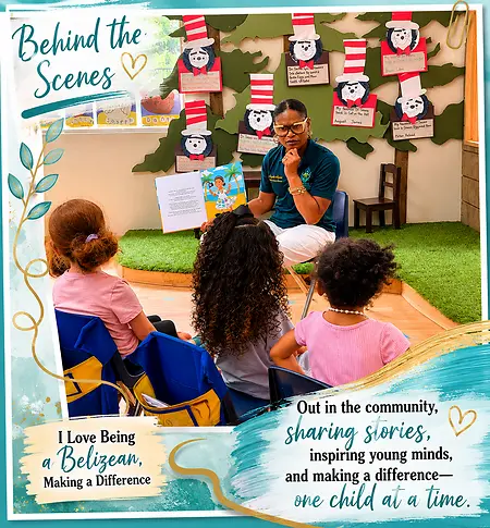 One of the most rewarding parts of my work is connecting directly with children through literacy and storytelling. During community visits, I share my children's book, I Love Being a Belizean, to encourage cultural pride, self-confidence, and a love of learning while helping children see the value of their own stories.