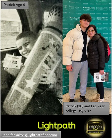 "A moment never lost;", I nervously walked into one of our boardrooms, and out of my comfort zone - auditioning to become the “Voice of Lightpath” as part of an internal competition. I didn’t end up earning the right to voice over the company phone tree or be on radio commercials, but I did walk out proving something much more important, that I could do it.
 And that drive hasn’t stopped since.
My son, Patrick, (pictured with me here at 16, and at 4 years old after the contest) is my fuel. He’s the reason I hustle, the reason I find that extra gear, the reason I bring a little “secret sauce” into every day.
When I show up for Lightpath’s customers, I’m not just selling a solution, I’m fighting to deliver something real, something that makes their jobs easier and their businesses stronger.
 Years ago, I took home a giant inflatable microphone as a consolation prize (that Patrick immediately commandeered) from that contest, but from a higher-level view, I earned something much more important: A mindset that I am - contest or no contest - the Voice of Lightpath.  - 2025 Presidents Club winner Grand Cayman 