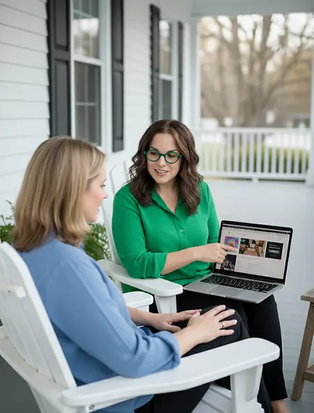 Holly Holliday shouwing a client their website.