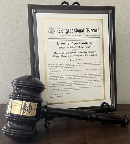 Congressional recognition from US Congressman Moran and gavel from the Texas State Senate from Senator Bryan Hughes upon my retirement from Kilgore EDC in April 2026