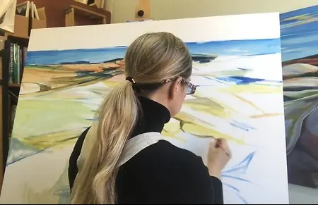 Deidre Tao paints in the studio on a 36x48" canvas. The inspiration for this painting came from Halibut Point State Park in Rockport, Massachusetts.