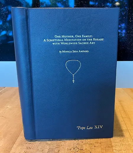 On September 7, 2025, I attended a private papal audience in Rome with members of Mariological Societies from around the world. For the occasion, I ordered a specially bound leather edition of my Rosary book, which was placed on the official gift table for Pope Leo XIV.