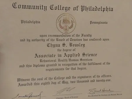 My Community College of Philadelphia Applied Science Associate degree I received in 2021. I continue to move forward! 