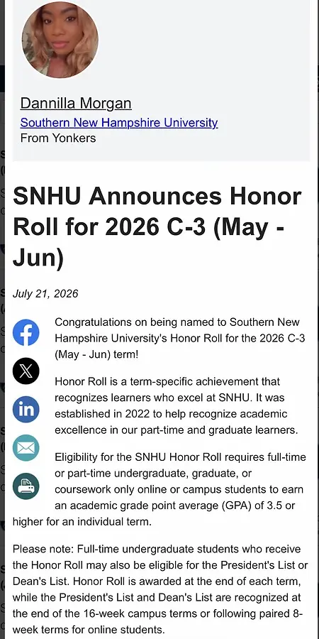 Honor Roll for 2026 at SNHU (May-June)