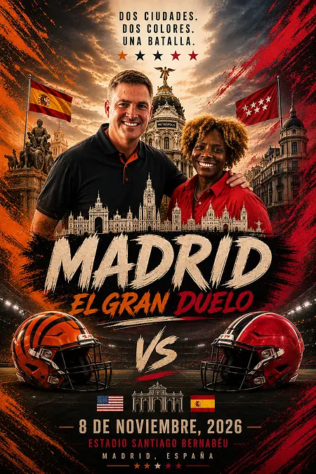 This is the first time I worked with AI to create a poster for a travel package including a 5-star hotel with flight. I put it together for the Cincinnati Bengals' game in Madrid, Spain against the Atlanta Falcons this year. I met the Bengals head coach at a Rotary Club meeting and got a photo of him with me. He was very gracious. I was pleased with how the poster turned out.
