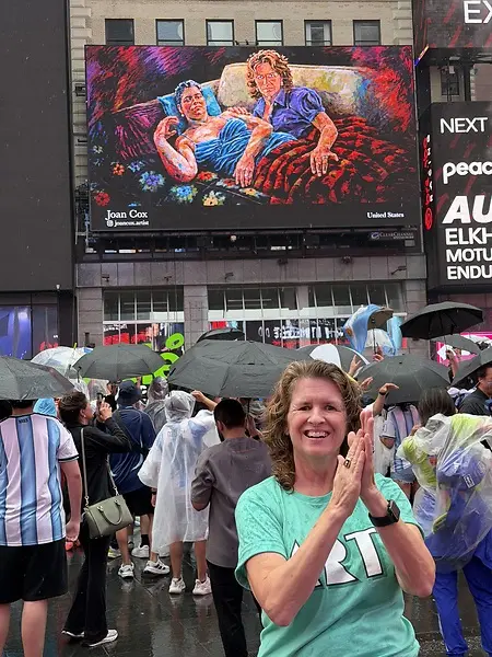 Times Square, New York City, July 2026. My painting, "Nighthunger" shown on the big screen for all to see thanks to Artist Closeup.