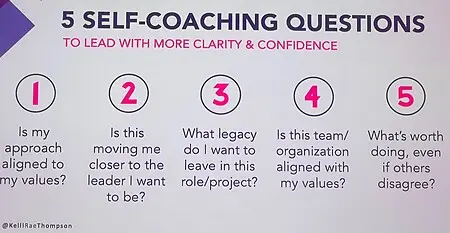 I've learned a great deal from many women leaders. These 5 self-coaching questions came from a ICAN (Institute for Career Advancement Needs) speaker, Kelli Thompson. These are questions I frequently center on for myself. https://www.kelliraethompson.com/