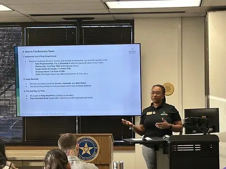 Teaching a Tax Class on Business Taxes for new Business Owners, hosted by Reach America in Bryan, TX.