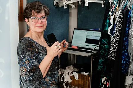 My podcast "studio" is my closet. And yes, that's a bra you see.