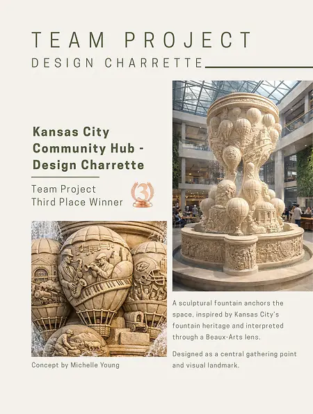 In 2026, Michelle was part of the third-place-winning team at the IIDA San Francisco Design Charrette. Their concept transformed a community hub through storytelling, connection, and gathering, with Michelle’s central fountain idea becoming a defining element of the collaborative design.
