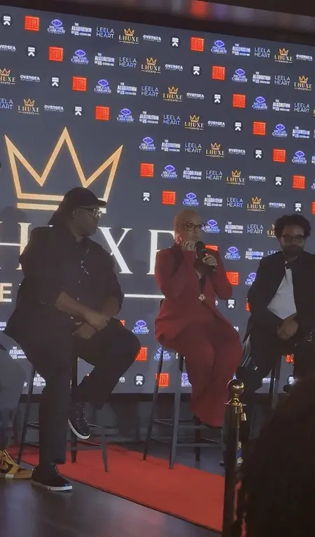 On stage speaking on a panel about effects of AI in the film industry at the Algorithm of Us Tour Film Fest hosted by LHUXE Events. 