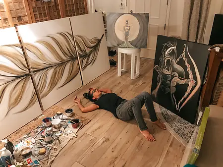 This milestone was the most commissions I received at once from the same client/friend for the same home. These art pieces you see became part of a home that served as a sanctuary for my friend and her family during the COVID era. In the end, a complete surrender in gratitude is what I was feeling here.