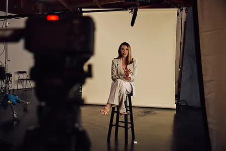 On set filming my launch video for Cait Frances Communications in June 2026.
