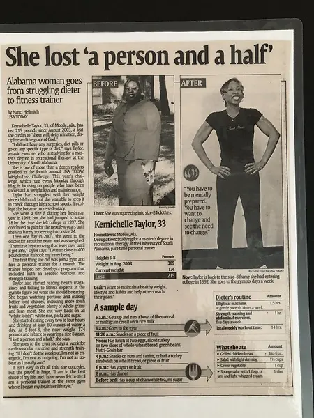 USA Today Weight loss challenge feature article, "She lost a person and a half".