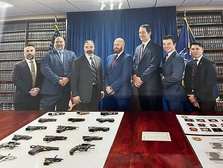 Left to right: Det. Nick Walker, Sgt. Daniel Colon, Myself, ADA John Brewer, Det. Dorsey McKeon and Det. Jorge Uloa following a press conference for the  the takedown of a gun trafficking case in November of 2025  where members of the Queens District Attorney's Office collaborated with the NYPD's Gun Violence Suppression Squad 