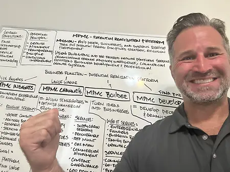 This photograph captures the work of putting MPMC’s purpose on paper, or in this case, a whiteboard. After years of leading teams and running businesses, I was bringing that experience together around a clear mission: helping people, businesses, and systems realize their potential through strategy, execution, and development. What makes this meaningful to me is that faith, stewardship, and service are written alongside the business plan. They are the convictions I want to carry into everything I build.